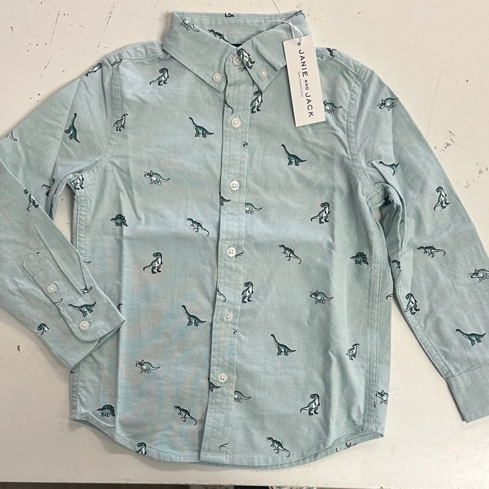 Janie and Jack Spring Dinosaur Oxford Dress Shirt 4 NWT - Picture 1 of 5
